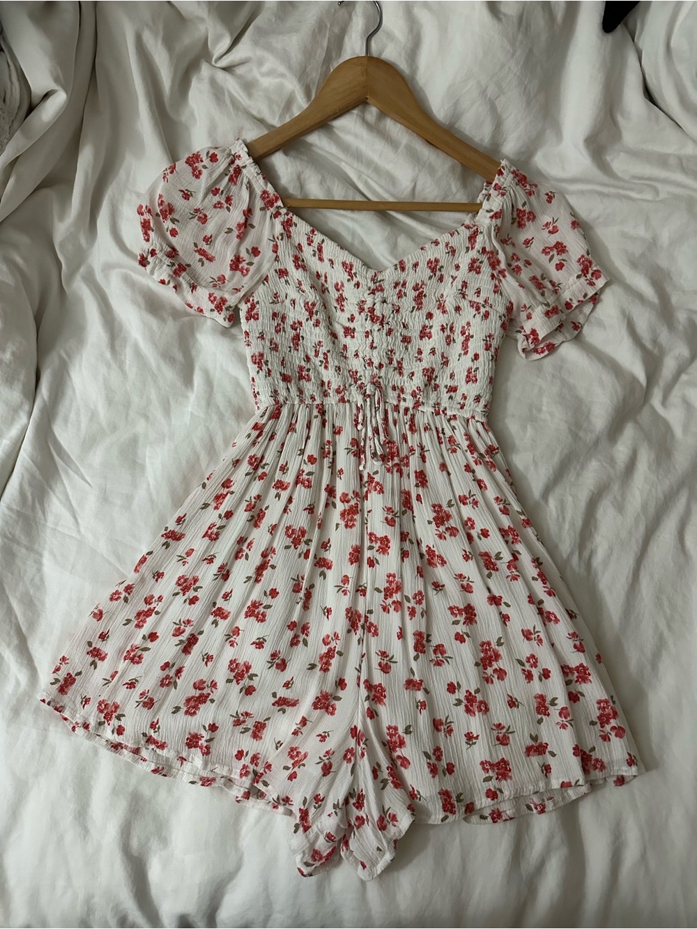 Hollister White Smocked Romper with Red Floral Accents